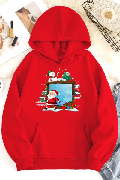 MODAVİBE Χριστουγεννιάτικο φούτερ με κουκούλα με σχέδιο Άγιου Βασίλη και χιον...