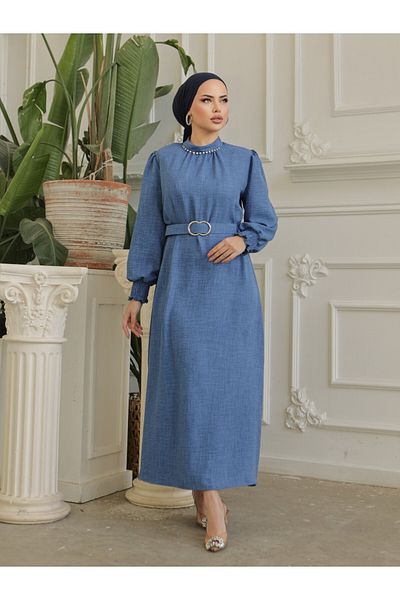 Modamorfo Jewel nyakú, összegyűjtött ujjú vászonruha övvel - indigó