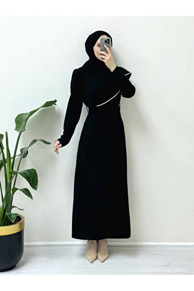 Modamorfo Φόρεμα κρεπ με πέτρα κεντημένη ζώνη -μαύρο