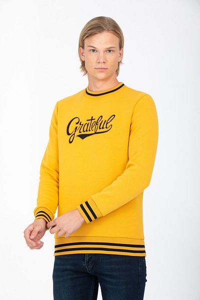 DYNAMO Men's Mustard Cotton Sweatshirt with Crew Neck and Embroidery Detail and Ribbon Inside 6758