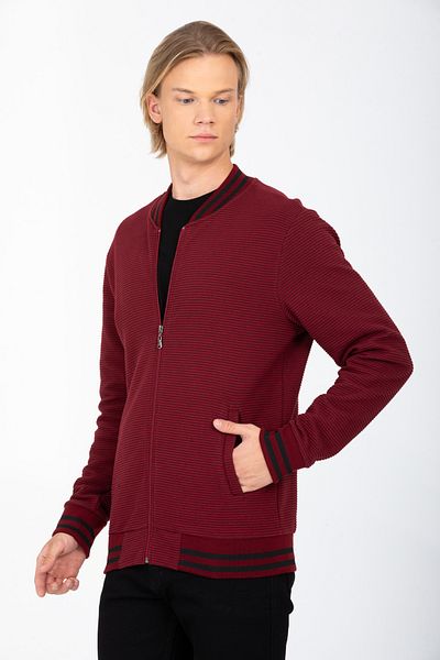 DYNAMO Men's Claret Red College Collar Regular/Normal Cut Cotton Cardigan Sweatshirt 6796