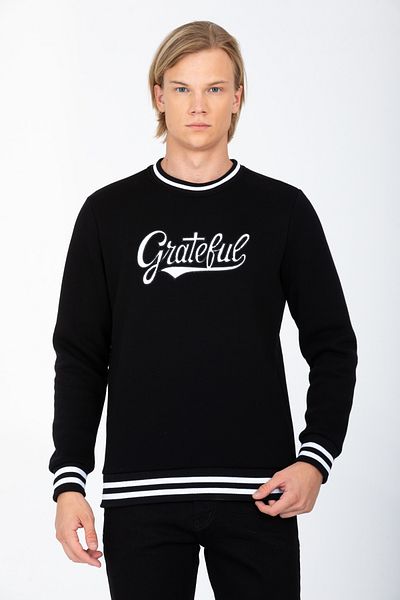 DYNAMO Men's Black Bicycle Collar Embroidery Detailed Raised Inside Cotton Sweatshirt 6758