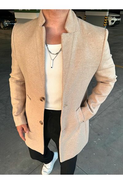 Nokta Moda New Season Μπεζ Slim Fit Ιταλικό παλτό Stamp - Μακρύ, όρθιο γιακά παλτό