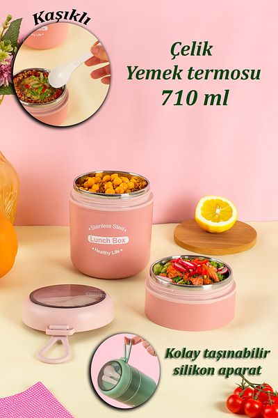 Porsima 66720 Pink Portable Steel Food Thermos - Lunch Box Container 710ml