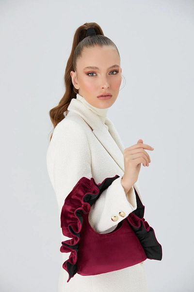 SHUBBAGS Burgundy Ruffled Velvet Women's Handbag
