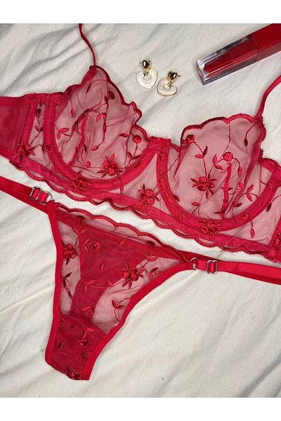 ROZENİN LINGERIE Christmas Gift Red Tiny Floral Underwire Cupless Tulle Bra Set (Bra Tanga)