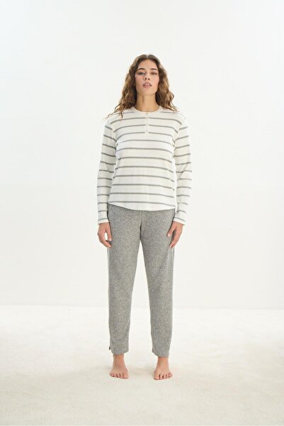 Sevim Kadın Uzun Kol Triko Ekru Pijama Takımı C0T0N2O61
