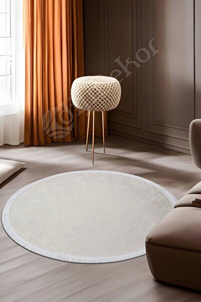 Dijidekor Halı Krem Cool Janjanlı Yuvarlak Saçaklı Kesme Ince Yolluk Kilim Salon Halısı Modelleri