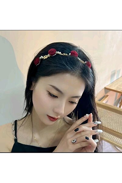 REBORN DESIGN Kırmızı Gül Figürlü İnci ve Zeytin Dalı Detaylı Dalgalı Gold Re...