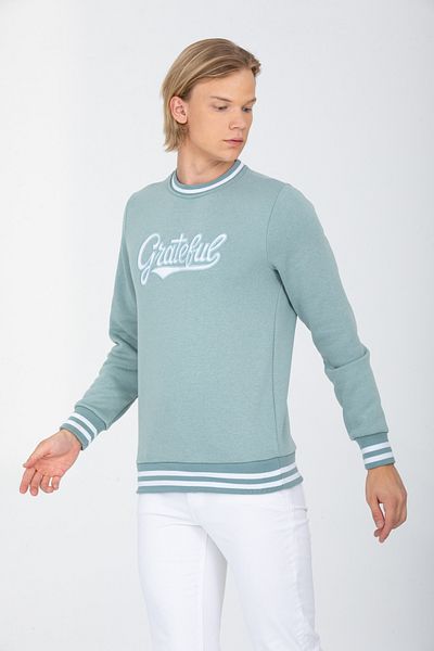 DYNAMO Men's Mint Crew Neck Embroidery Detailed Raised Inside Cotton Sweatshirt 6758