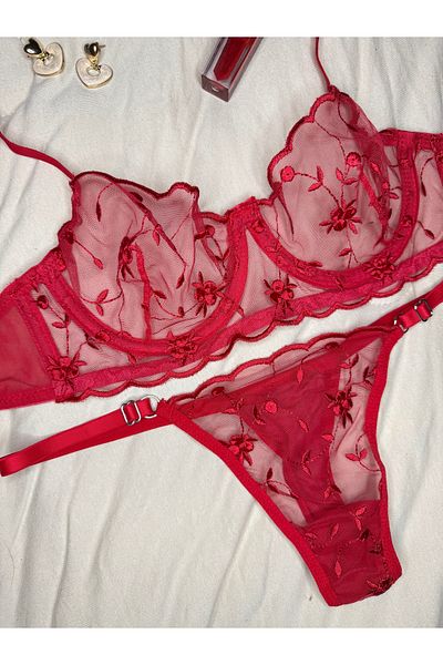 ROZENİN LINGERIE Christmas Gift Red Tiny Floral Underwire Cupless Tulle Bra Set (Bra Tanga)