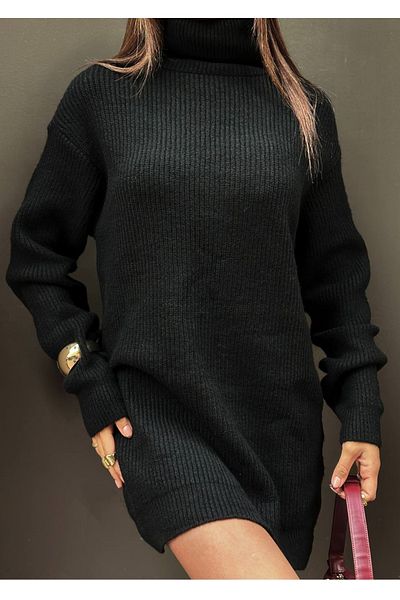 barış sülün lovebox Turtleneck Oversize Knitwear Sweater Tunic - Black 24W16023