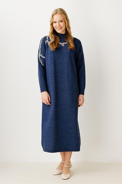 Ghisa Navy Blue Knitwear Dress - Embroidered Detail