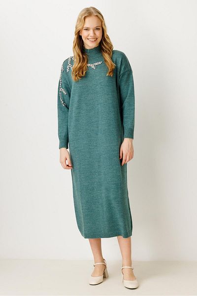 Ghisa Green Tricot Dress - Embroidered Detail