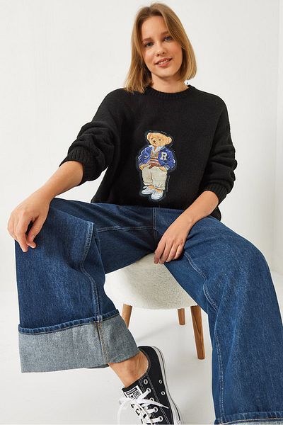 Bianco Lucci Women's Teddy Bear Printed Oversize Knitwear Sweater 60261131