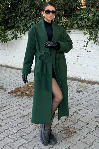 GÜLSELİ Дамско кашмирено палто с колан и подплата в изумрудено зелено