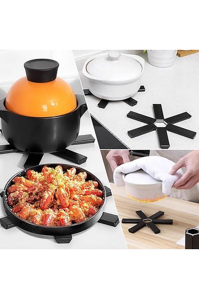 MAİN SHOP 4 Pieces Foldable Black Trivet Non-Slip Silicone Heat Resistant Pot Pan Mat M-021