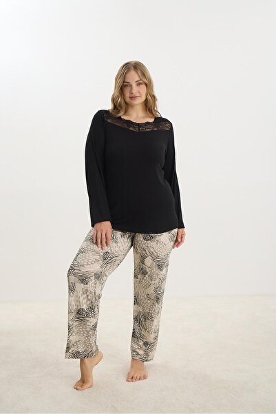 Sevim Kadın Büyük Beden Uzun Kol Siyah Pijama Takım C7T1N2O61
