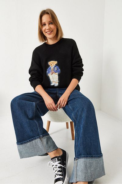Bianco Lucci Women's Teddy Bear Printed Oversize Knitwear Sweater 60261131