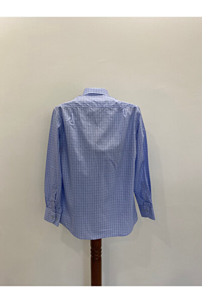 Yils LONDON Чоловіча сорочка з відкритим синім квадратним візерунком - з довгими рукавами - 100% бавовна