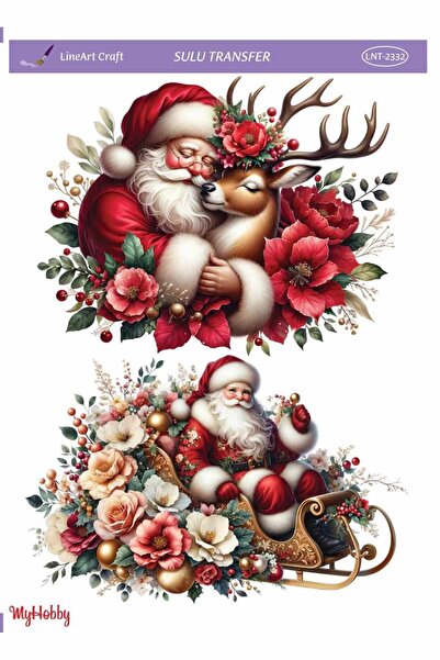 LİNEART LNT2332 Yeniyıl Serisi, Noel Baba, Geyik Desenli Açık Zemin Sulu Tran...