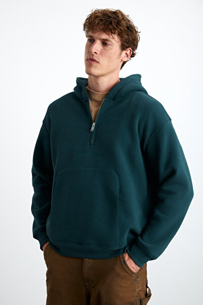 GRIMELANGE Ανδρική πράσινη φούτερ Pavle με κουκούλα καγκουρό με φερμουάρ