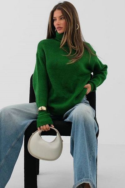 bayansepeti Green Oversize Knitwear Turtleneck Sweater Tunic - 24W16023