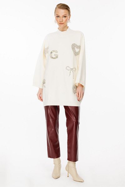 Ghisa Ecru Knitwear Tunic - Stone Embroidered