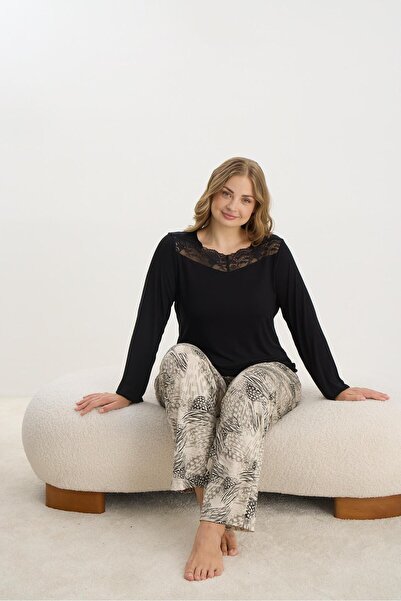 Sevim Plus Size Black Long Sleeve Pajamas Set - C7T1N2O61