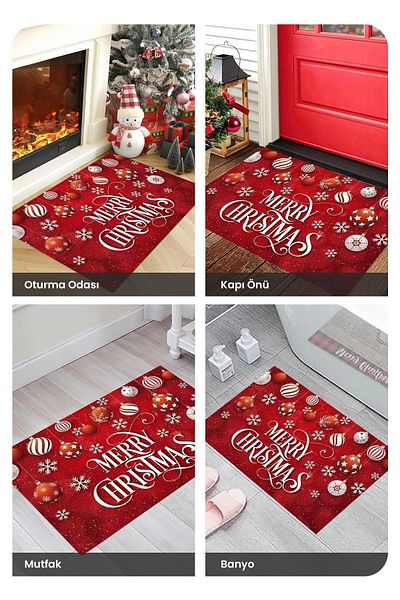 Aden Merry Christmas Patterned Red Door Mat - Stylish Design with Non-Slip Woven Base - 45X70 cm