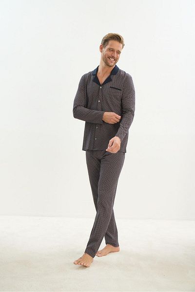 Sevim Men's Navy Blue Pajamas Set - Long Sleeve, Shirt Neck, Front Button C1T1N4O9
