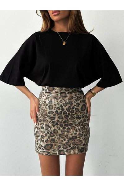 Panku Bizu Design Store Vixenia Leopard Print Sequin Sparkling Mini Skirt