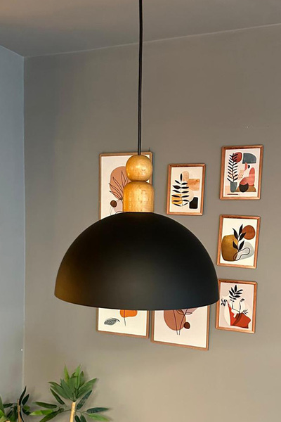Bamyum Yimpi Siyah Kalın Ahşap Boncuk Başlık Avize Tekli Sarkıt Salon Dekoratif Aydınlatma Pastane