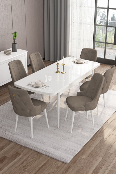 Canisa Concept Are Serisi 80x132 Açılabilir Mdf Beyaz Masa Takımı Ve 6 Cappuc...