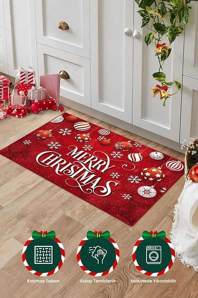 Aden Merry Christmas Patterned Red Door Mat - Stylish Design with Non-Slip Woven Base - 45X70 cm