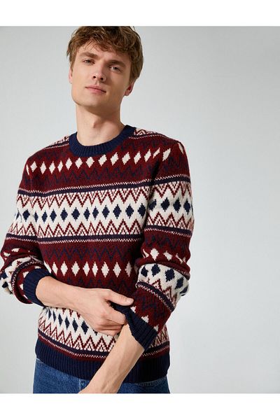 Koton Crew Neck Sweater Ethnic Detailed Acrylic Blend