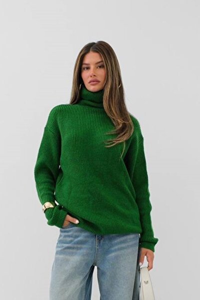 bayansepeti Green Oversize Knitwear Turtleneck Sweater Tunic - 24W16023