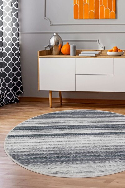 Dijidekor Halı Gri 9026 Cool Yıkanabilir Yuvarlak Kesme Ince Yolluk Kilim Sal...