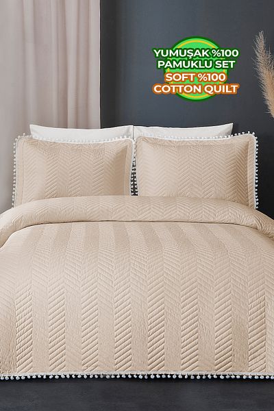 Evlen Home Collection Ollie Beige 100% Cotton Double Bedspread - Pique Set with Pompom Quilted Stripes
