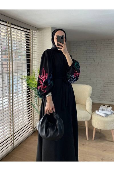 Modamorfo Balloon Embroidered Belt Dress with Sleeves -Black
