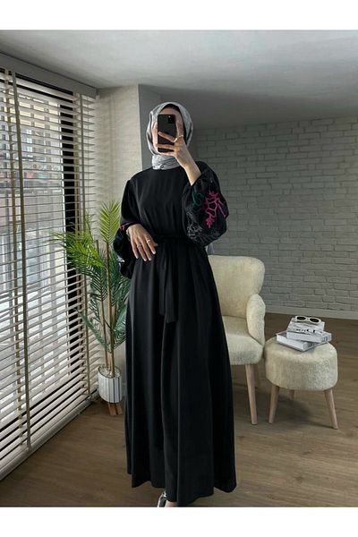 Modamorfo Balloon Embroidered Belt Dress with Sleeves -Black