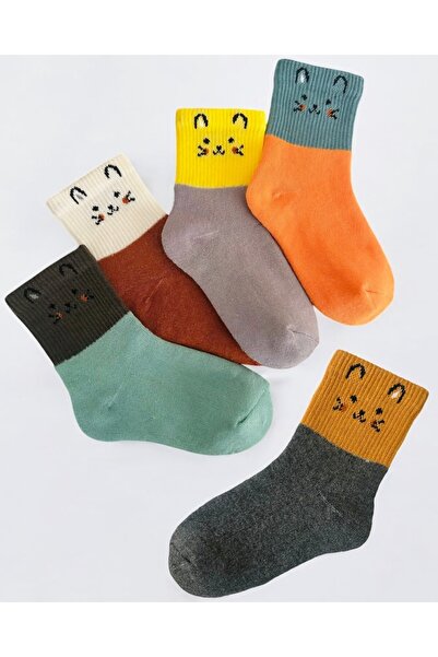 Çorabistaan 5 Çift Çok Renkli Sevimli Kedi Desenli Unisex Kız Erkek Çocuk Kışlık Havlu Tenis Çorap Yüksek Kalite