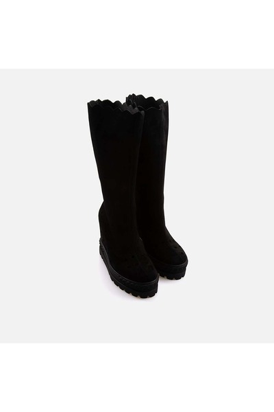 Rouge Rubber Sole Genuine Leather 12cm Wedge Heeled Women's Boots 6201-1