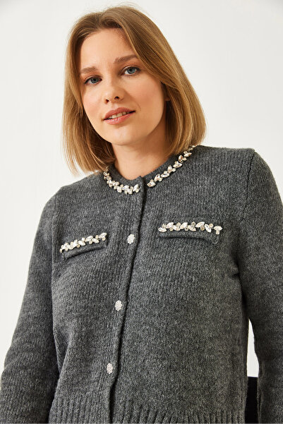 Bianco Lucci Γυναικεία πλεκτή ζακέτα με κεντημένη πέτρα με πέρλες 241074 60261142