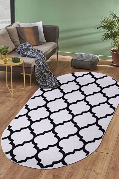 Dijidekor Halı Beyaz Maça Yıkanabilir Saçaksız Oval Kesme Ince Yolluk Kilim S...