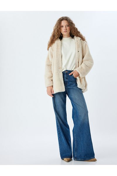 Koton Oversize Faux Fur Jacket with Hood and Button Pocket Detail