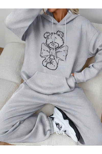 Cakkey Women's Sweatshirt and Jogger Tracksuit Set with Cute Teddy Bear Print - Comfortable Fit