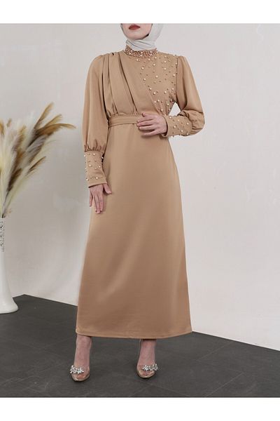 Modamorfo Φόρεμα Mink Crepe - Διπλό γιακά και λεπτομέρεια με πέρλες