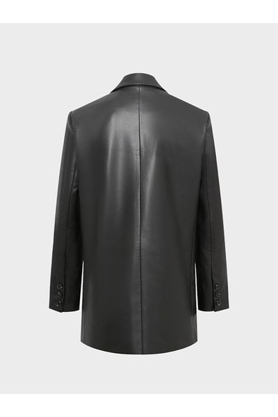 RİVUS Oversize Double Breasted Cut Leather Jacket - Black