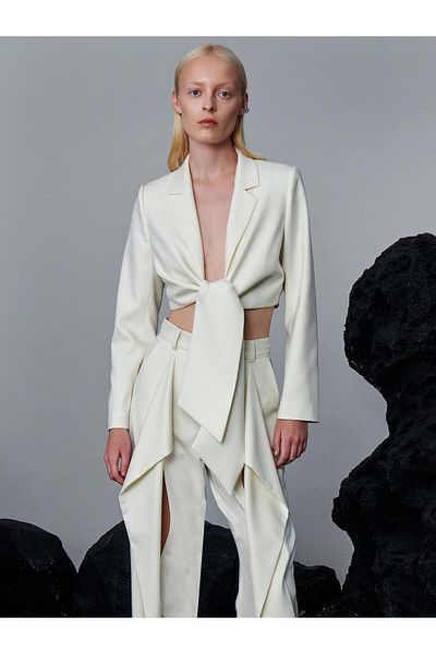 RİVUS Long Sleeve Crop Jacket with Front Tie Detail - Ecru